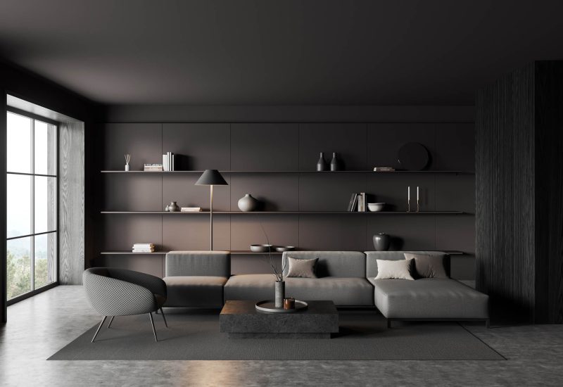 Interior of stylish living room with dark gray walls, comfortable gray sofa and armchairs standing near coffee table and long shelves with books and vases. 3d rendering