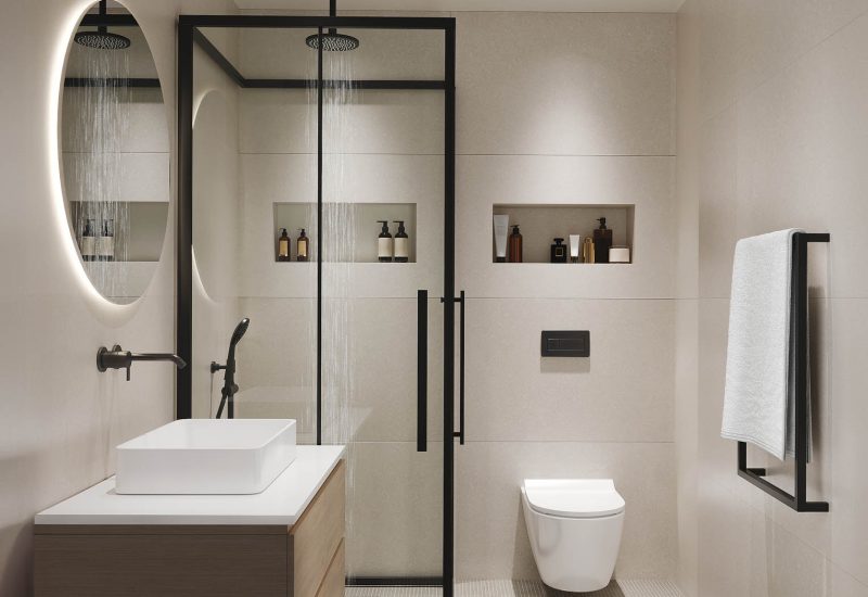 3d rendering of a minimal beige bathroom with a shower a toilet